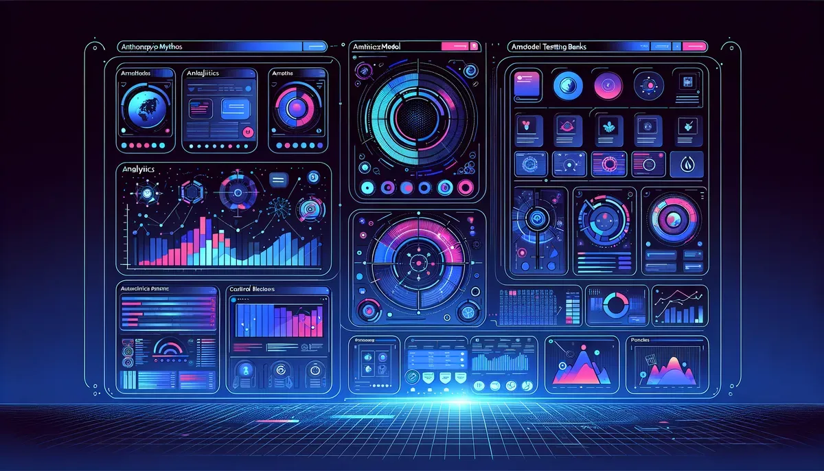 Dashboard interface showing Anthropic Mythos model testing banks software features