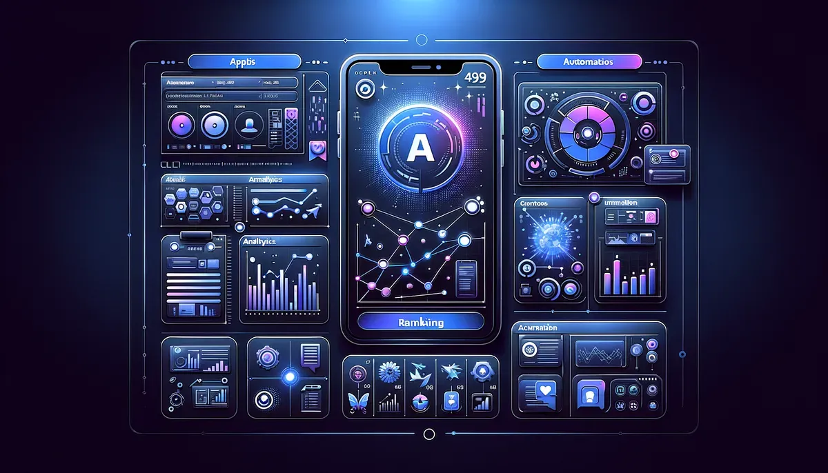 Dashboard interface showing Meta AI app App Store ranking software features